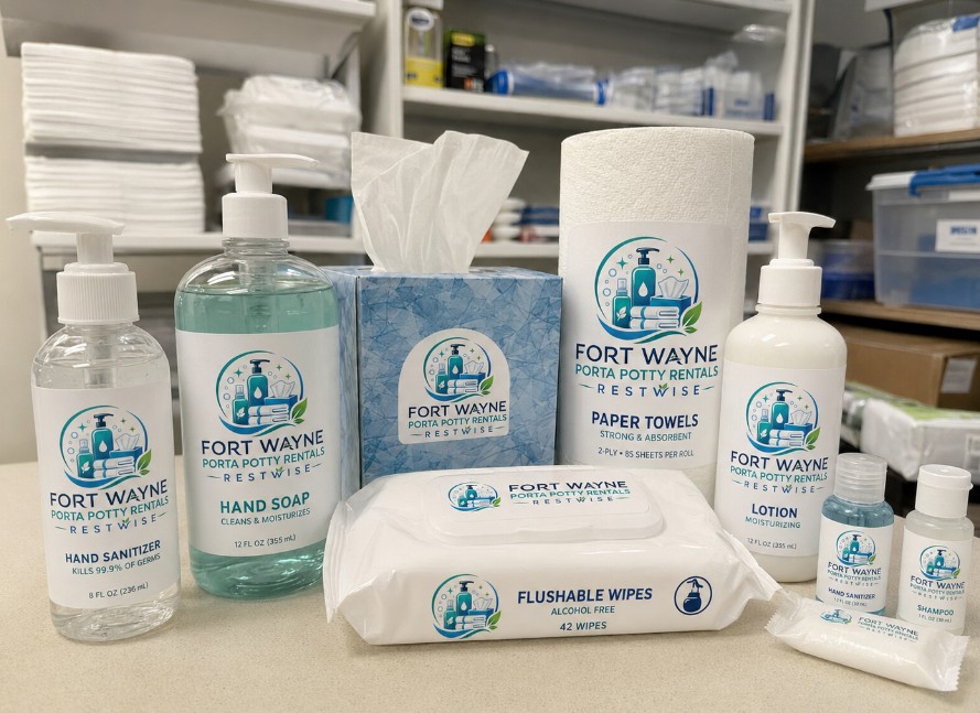 The Fort Wayne Porta Potty Rentals Restwise house line — hand sanitizer, hand soap, paper towels, lotion, flushable wipes and facial tissue for stocking portable restrooms