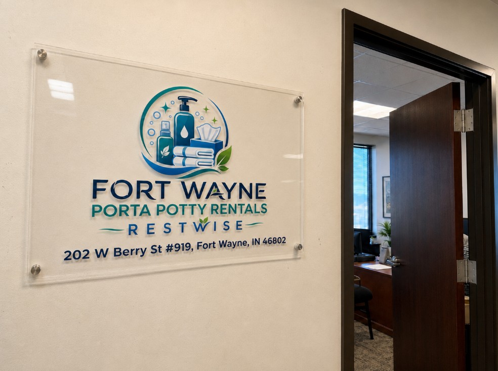 Restwise glass suite signage beside the office entrance at 202 W Berry St #919