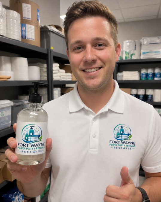 A Restwise team member in a branded polo holding a bottle of the house-label hand soap