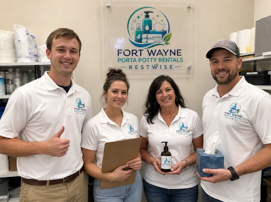 The Restwise team in branded polos beside the in-store logo sign, holding house-label soap and tissue
